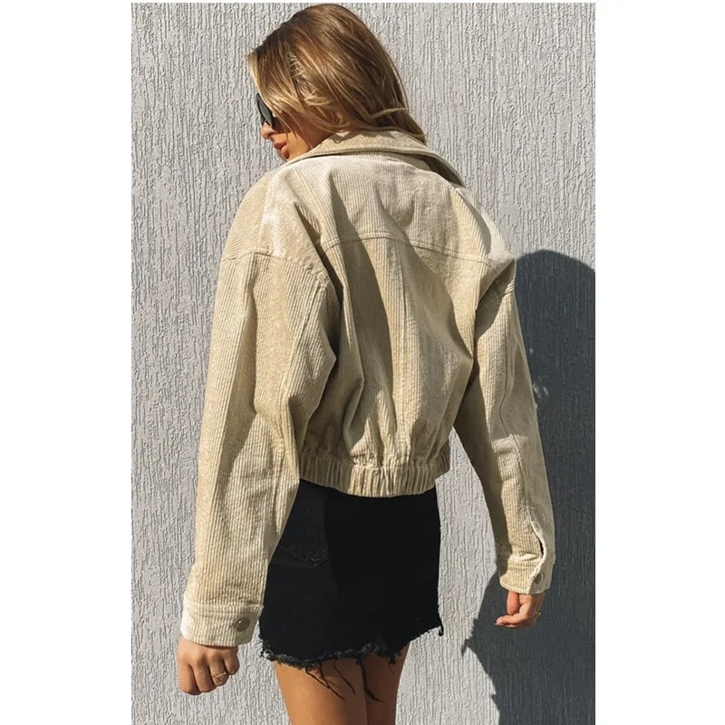 

2021 Spring Street Hipster Corduroy Coat Lapel Full Jacket with Loose BF Khaki Casual Cropped Jacket Women Fashion Streetwear
