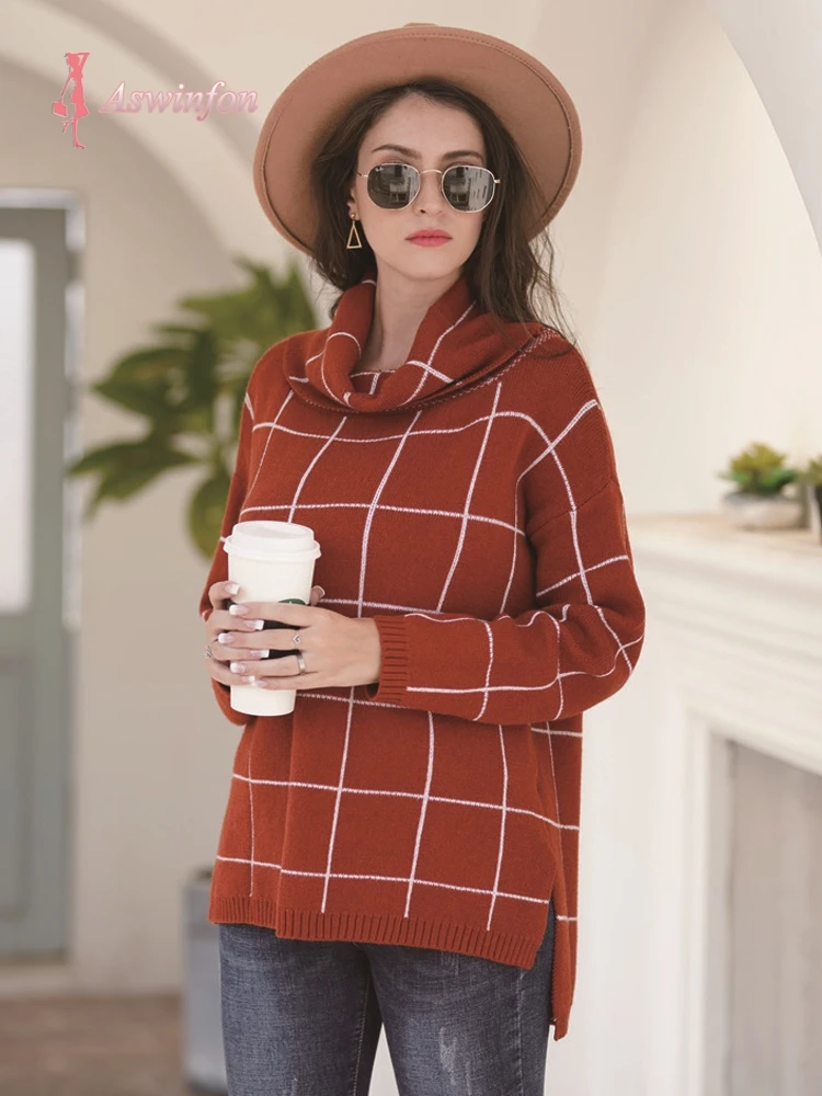 Aswinfon Checkered Turtleneck Sweater Women Loose Knitted Pullovers Autumn Winter Knit Pullover Long Sleeve Jumper Lady | Женская одежда