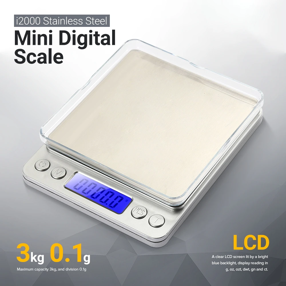 

3KG 0.1g Kitchen Scale Mini Pocket Digital Scale LCD Electronic Jewelry Weighing Scale With 2 Transparent Trays Free Shipping