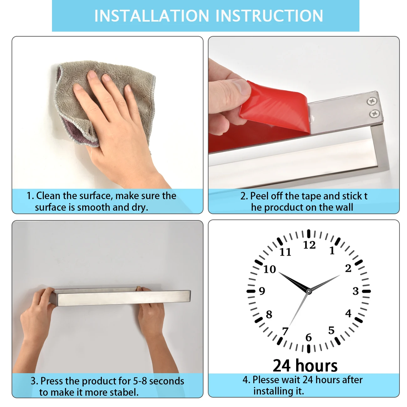 

35cm Punch-free Bathroom Stainless Steel Towel Rack Self-Adhesive Home Washcloth Holder Kitchen Bathroom Accessories