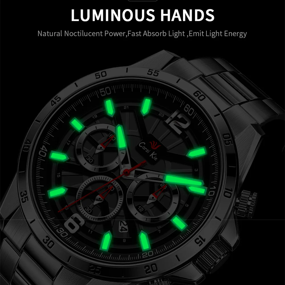 

Carsikie Men's Quartz Watches Steel Watch Silver Stainless Steel Waterproof Business Clock Relogios Masculinos