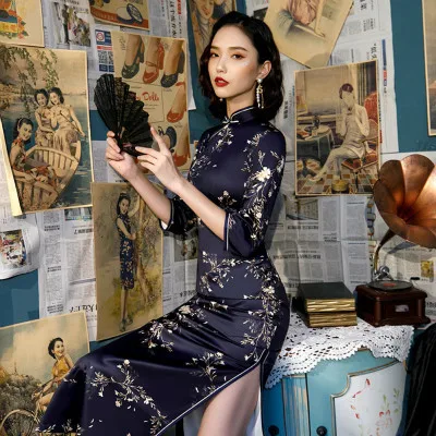 navy blue qipao Темно синий 4XL китайская длинная одежда Чонсам шелковое женское платье современный Ципао с длинными рукавами китайское традиционное платье Vestido Robe - Цвет: navy blue qipao