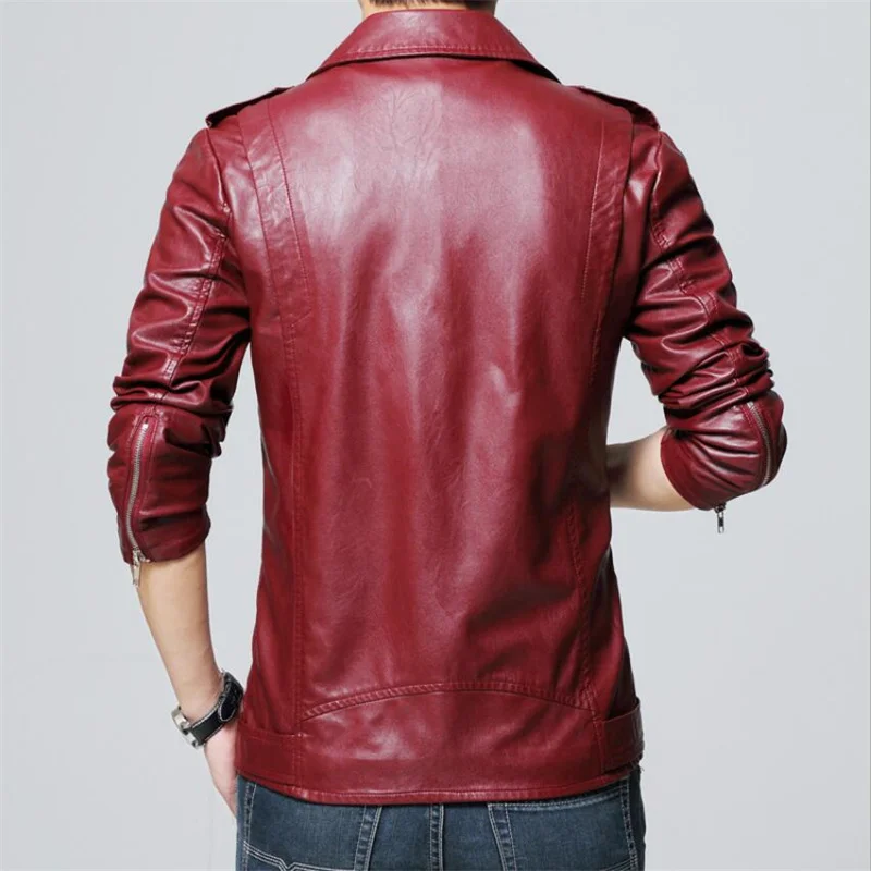 Мужская кожаная мотоциклетная куртка черная приталенная из искусственной кожи