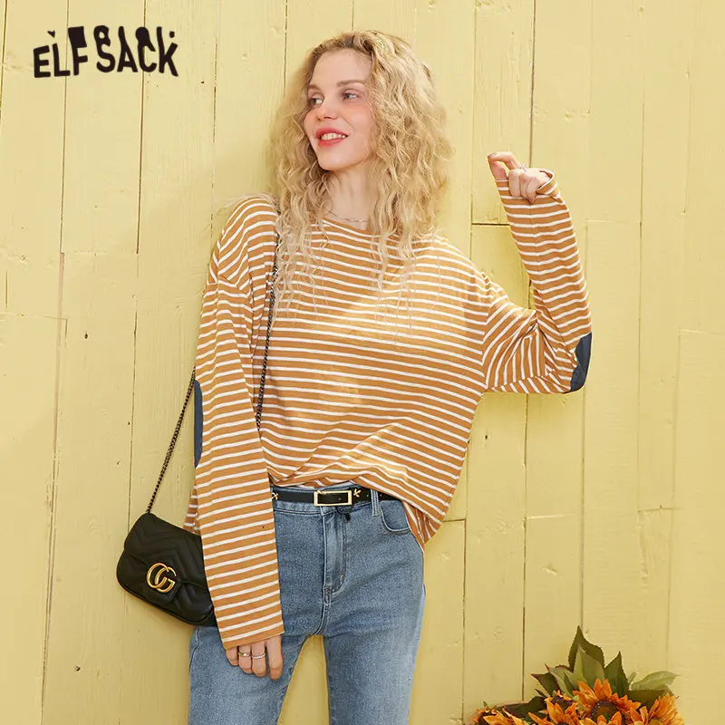 Женская свободная футболка ELFSACK желтая Повседневная в полоску с длинными