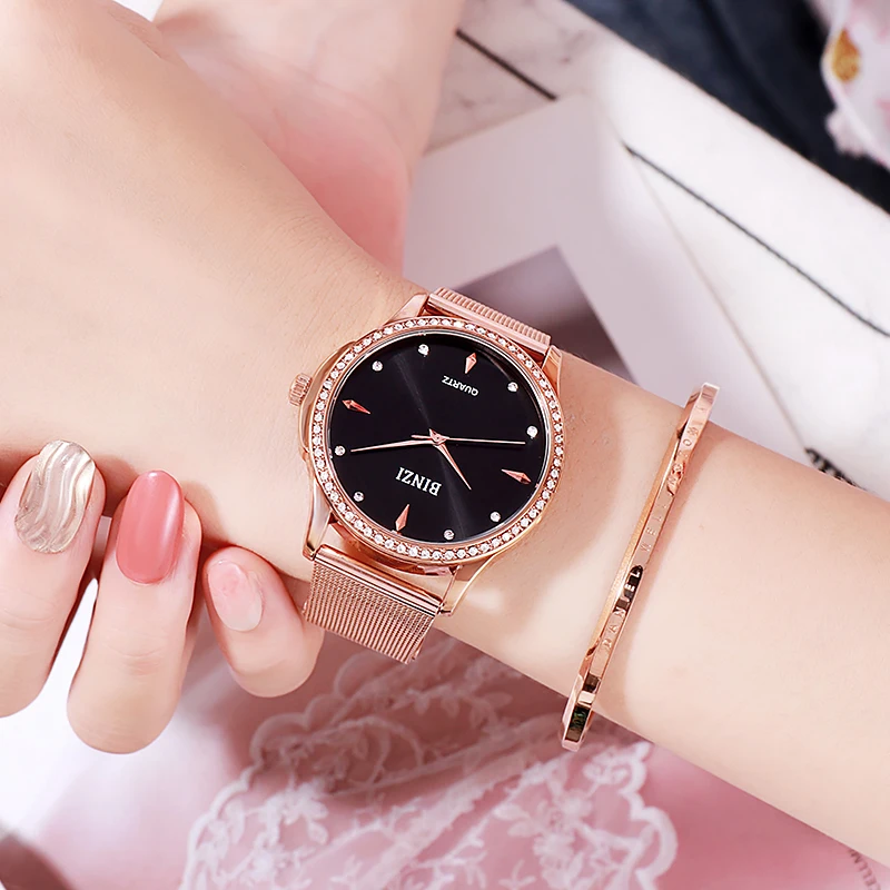 BINZI женские часы водонепроницаемые Роскошные наручные из нержавеющей стали для