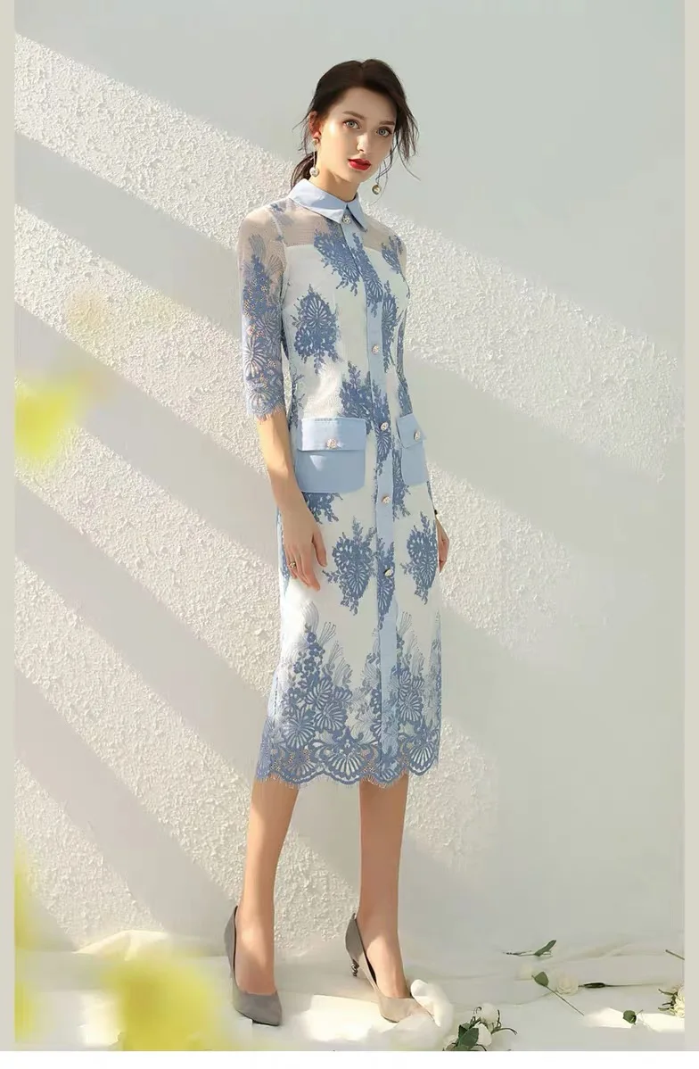 

Retro Mother of the Bride Dresses Tea-Length Lapel Work Party Dress Slim Embroidery Half Sleeves Blue Flower Wedding Guest Gowns