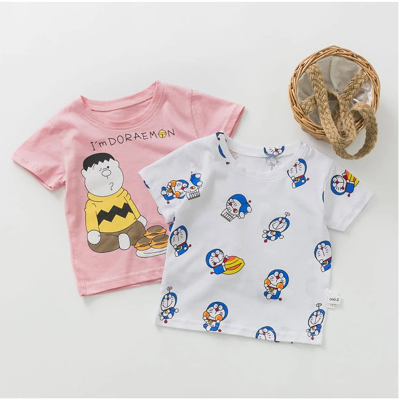 KIKIKIDS/Летняя футболка с героями мультфильмов для малышей Топы с короткими рукавами для маленьких мальчиков и девочек, Doraemon, Детская летняя одежда в Корейском стиле футболки с героями мультфильмов