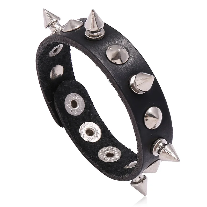 

Unique Pointed Bracelet One-row Gothic Unisex Women Punk Black Bracelet Spike Rivet Cone Black Leather Cuff Wristband