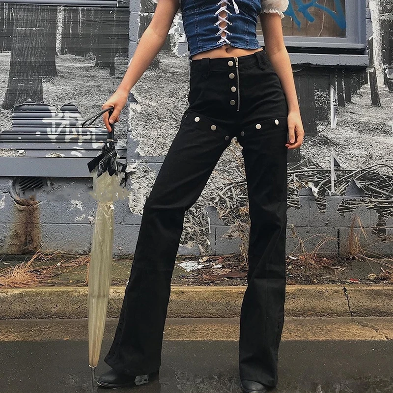Женские брюки с заклепками Goth черные винтажные облегающие высокой талией и