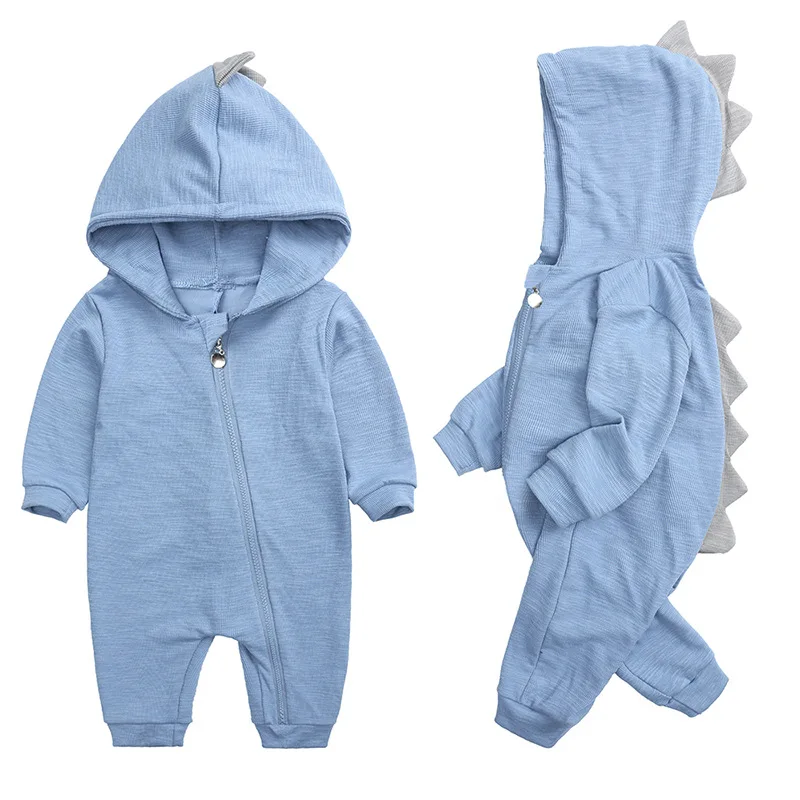 2023 Spring Kids Tales Newborn Baby Romper Suit Solid Hooded Dino Boys Girls Romper Cotton Babywear 4 Colours