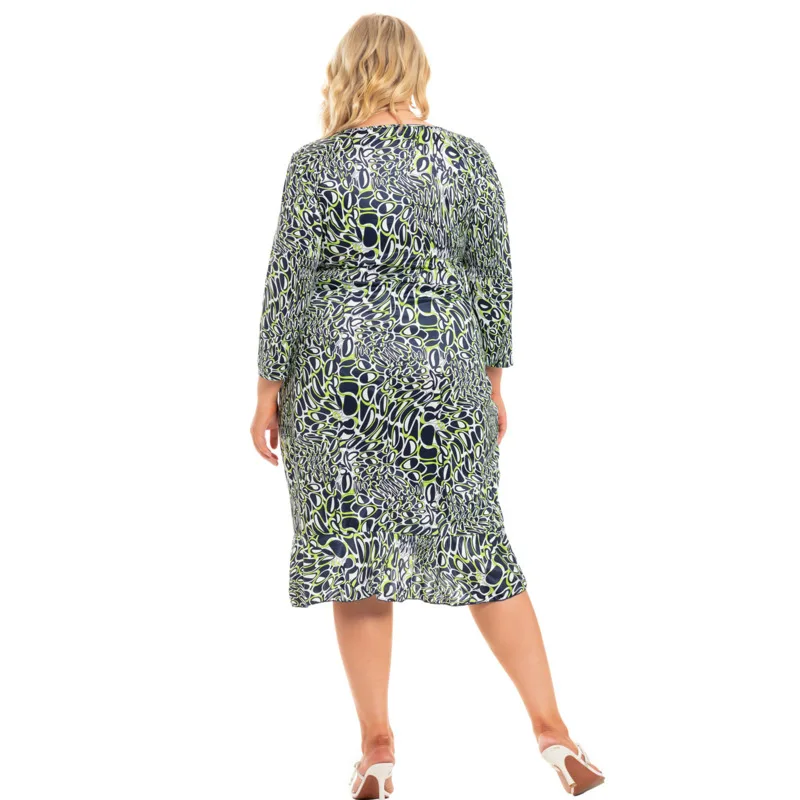 

Plus Size Women's Dress Elegant V-neck Ruffle Irregular Bottom Stripe Long Office Ladies Vintage Oversize Basic Woman Dress
