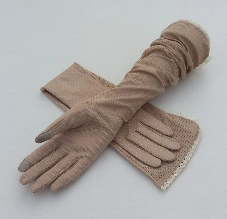 Khaki Сенсорный экран перчатки с защитой UV Для женщин хлопок полный палец в горошек длинные перчатки скольжению солнцезащитный крем Женские водительские перчатки до локтя - Цвет: Khaki