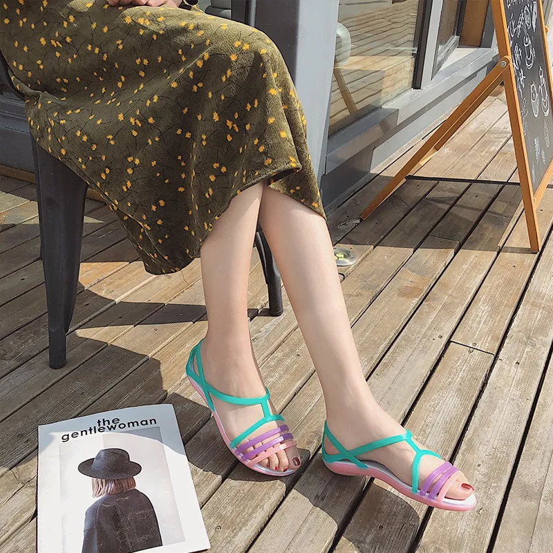 

Cheap Candy Color Summer Women's Sandals Comfortable Rainbow Sandals Women Clogs Slip On Jelly Shoes Woman Flats