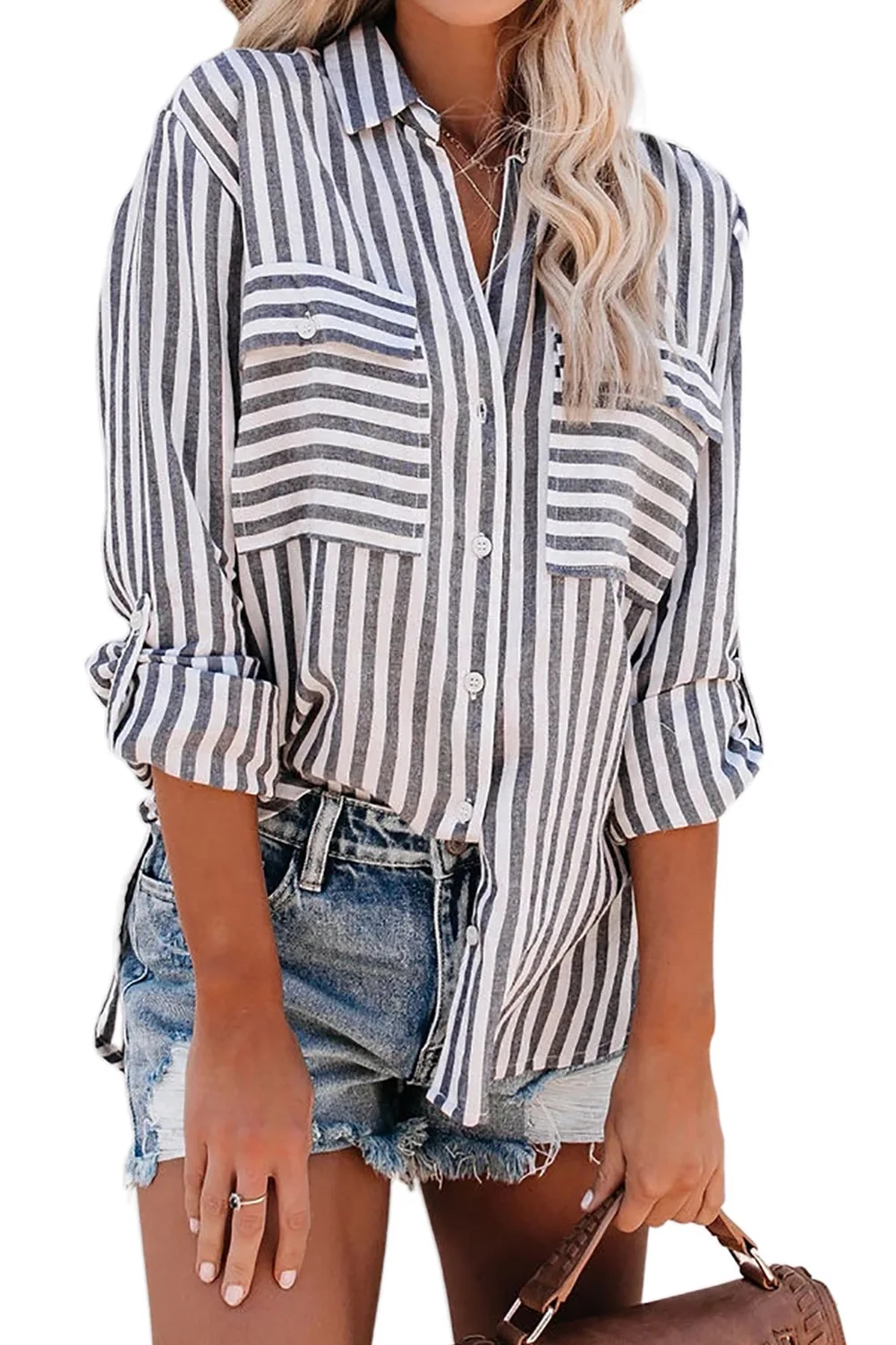 

women blouses 2022 spring and summer new linen cotton blouses striped single-breasted long-sleeved shirt women