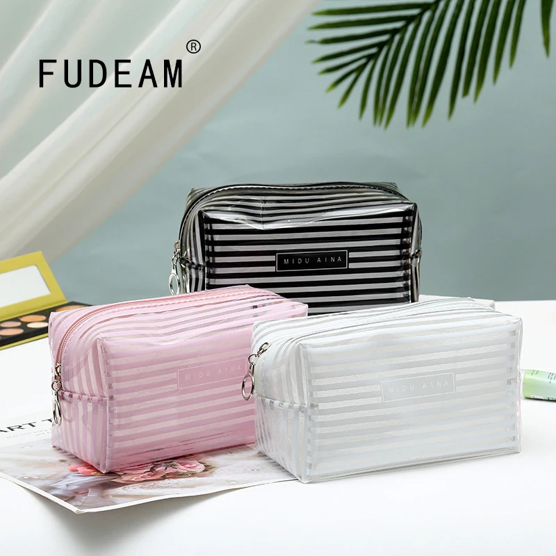 

FUDEAM Transparent Striped PVC Women Cosmetic Bag Travel Storage Bag Waterproof Portable Toiletries Organize Female MakeUp Case