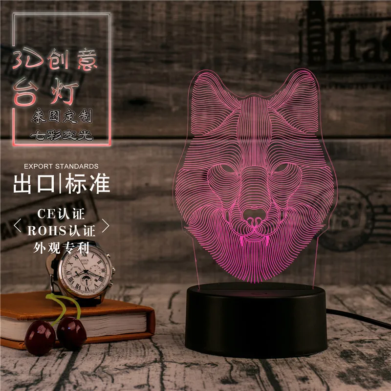 Светодиодный ночник 3D настольная лампа прикроватный светильник волк