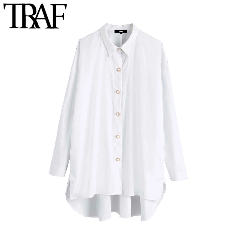 TRAF Women Elegant Jewel Buttons Asymmetry Loose Blouses Vintage Fashion Lapel Collar Long Sleeve White Shirts Blusas Chic Tops