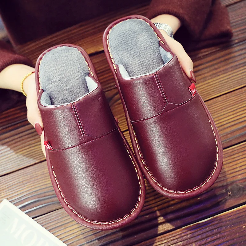 Women's Slippers home shoes 2020 New Winter Ladies Non Slip PU Leather Indoor Slippers for woman Windproof Designer family