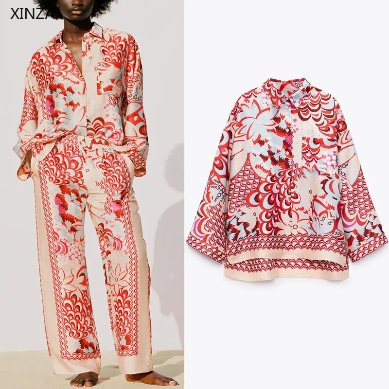 

Женская винтажная рубашка с асимметричным принтом Za, свободная красная летняя рубашка с длинным рукавом, шикарный Повседневный Топ на пуго...