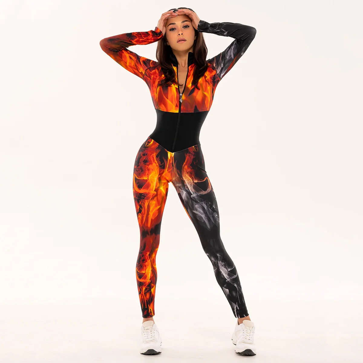 

Gymystar Fire Printed Long Sleeves Zipper Sports Jumpsuits For Women Fashion Sports Gym One Piece Jumpsuit