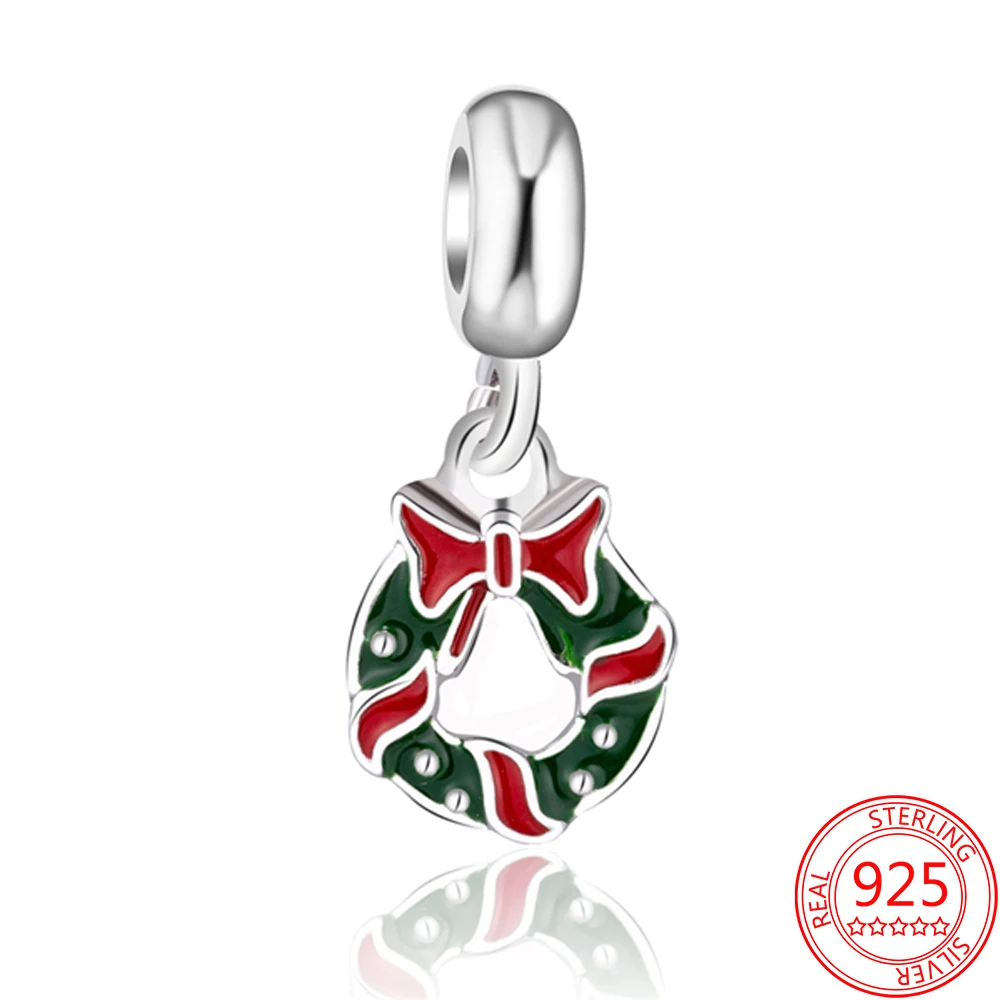 

100% 925 Sterling Silver Celebration Christmas Holiday Enamel Wreath Pendant Charm Fit Pandora Bracelet Jewelry DIY