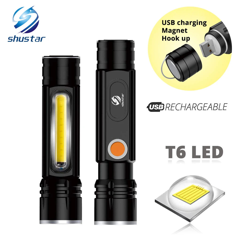 

Multifunctional LED Flashlight USB Inside rechargeable battery Powerful T6 torch Side COB light design flashlight tail magnet