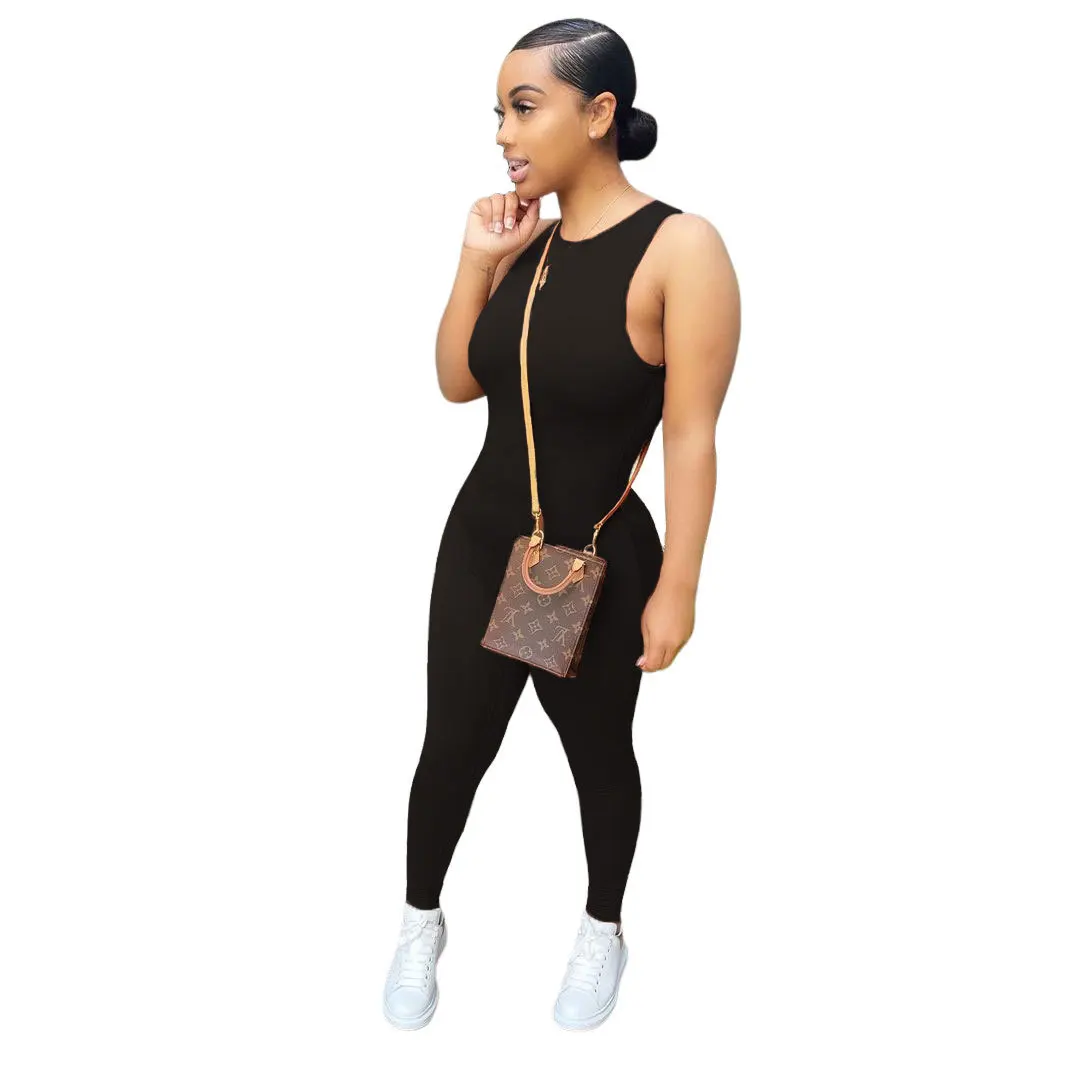 

Sports Style Casual Fashion Women's Clothing Solid Color Sleeveless Tight Fitting Mid Waist Wholesale Long Piece Jumpsuit Thin