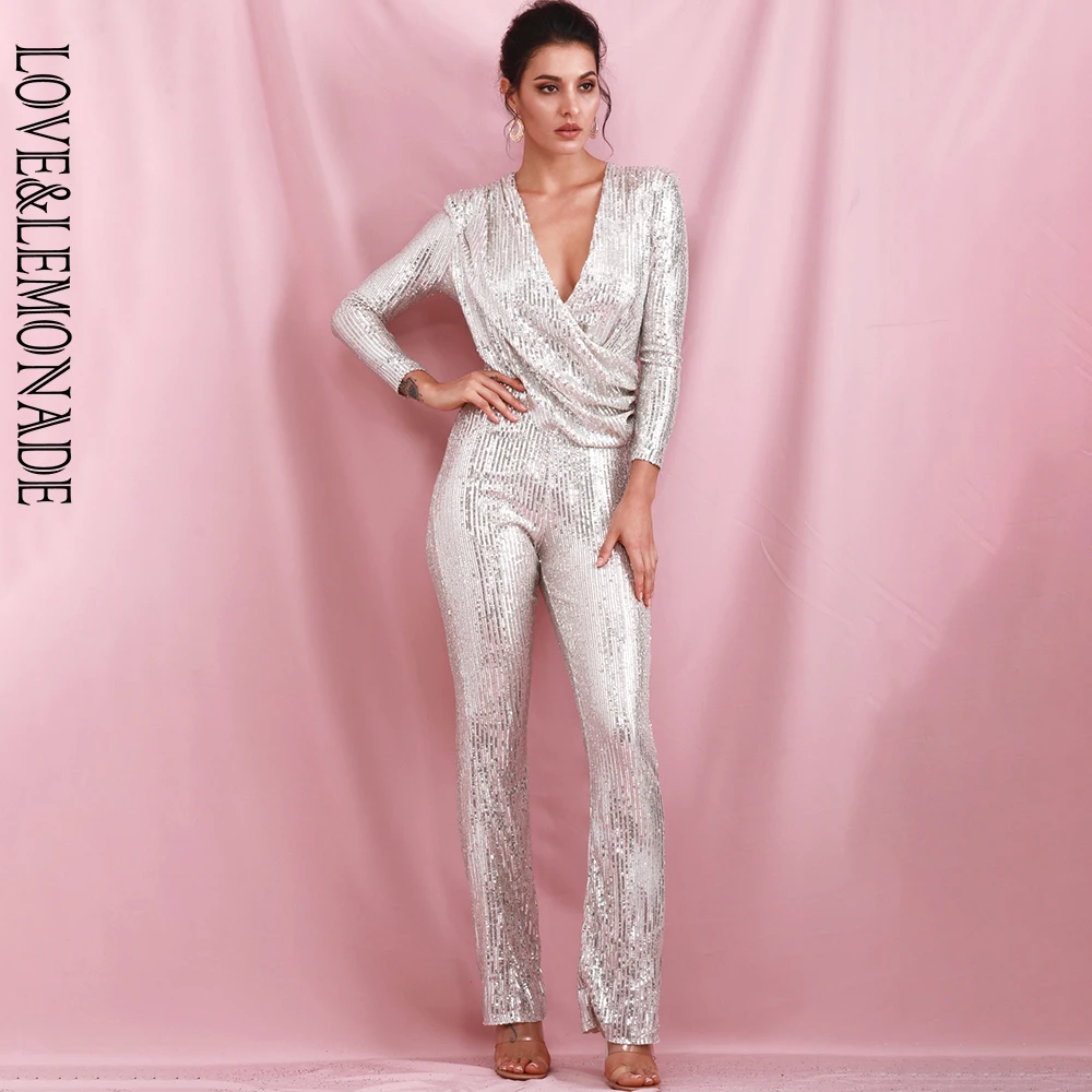 Женский вечерний комбинезон LOVE & LEMONADE серебристый Облегающий с глубоким V