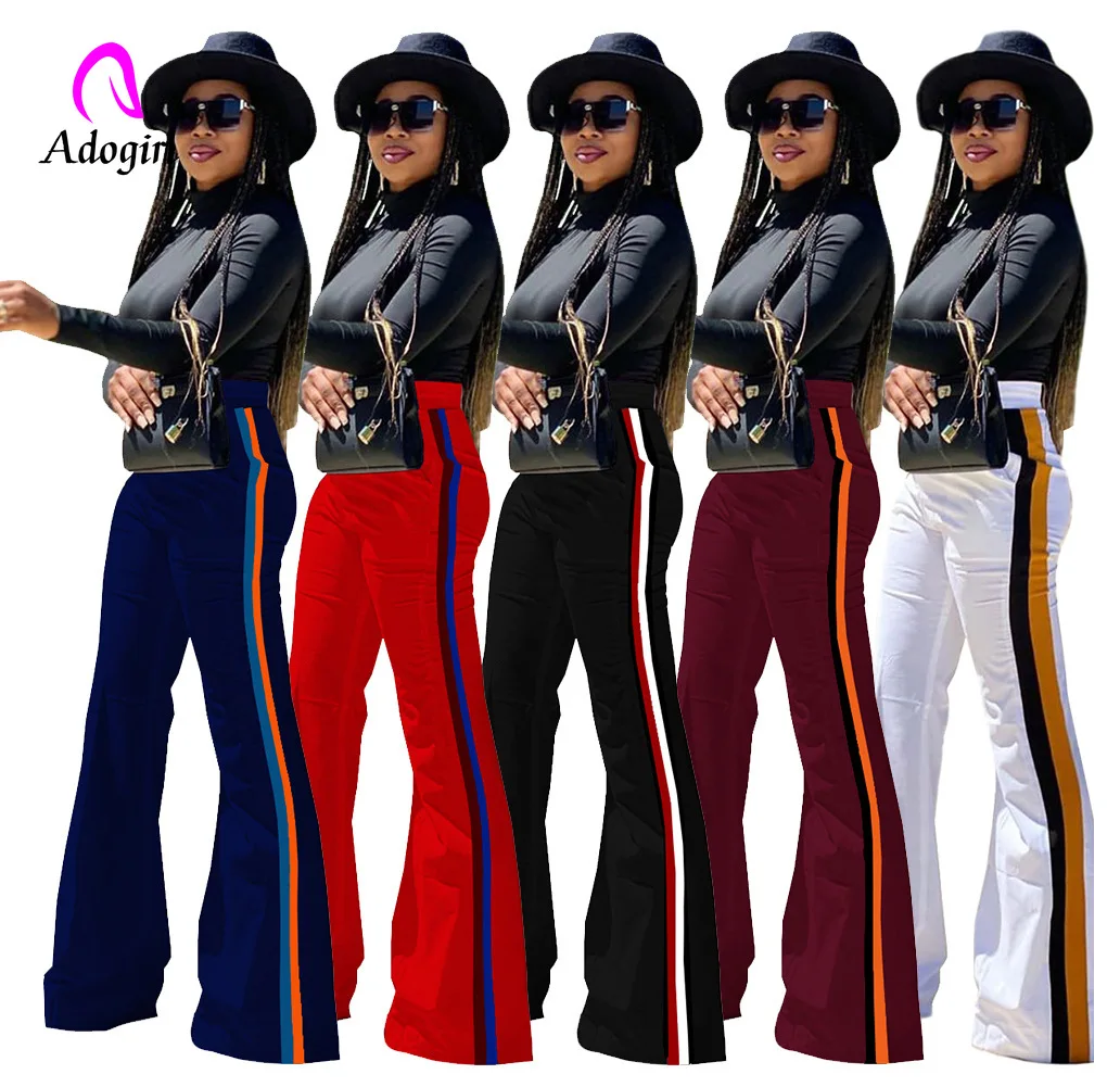 Bell Bottom Side Striped Patchwork Office Lady Long Pant Women High Waist Wide Leg Trousers Autumn Casual Stretch Boot Cut Pant