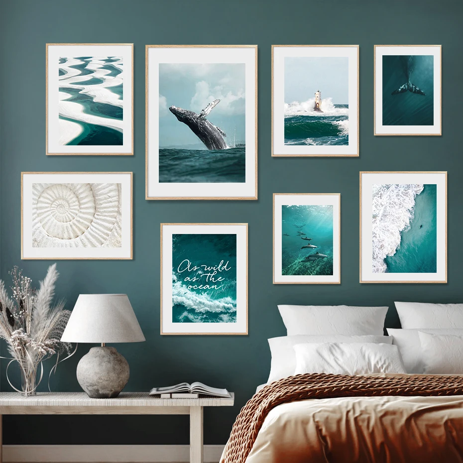 

Turquoise Ocean Wave Dolphins Nature Scene Gallery Posters Canvas Paintings Wall Art Print Pictures for Living Room Home Decor