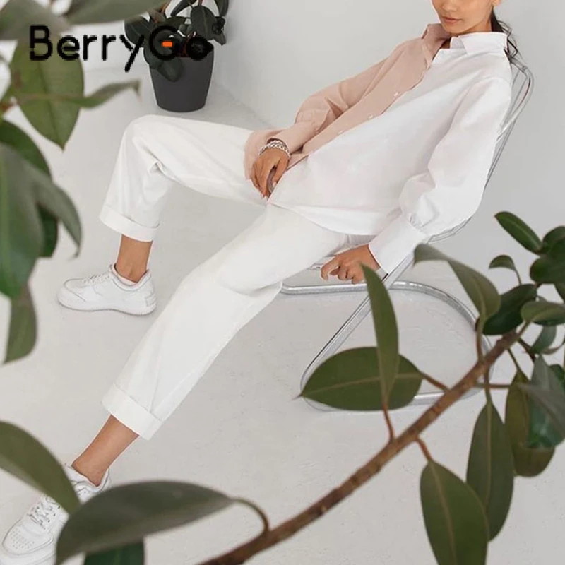 

BerryGo Autumn Color Block Office Lady Shirt Casual Blouse Solid Cotton Lapel Collar Women Shirt Lantern Sleeves Female Top 2021