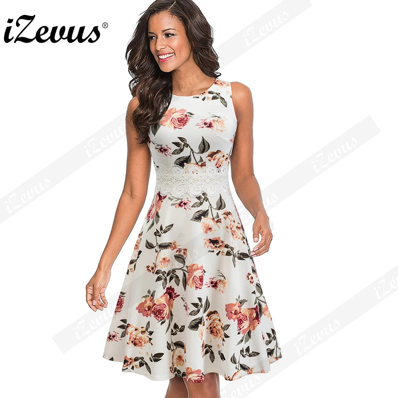 

IZEVUS Women Summer Dresses Elegant Floral Lace Patchwork Sleeveless Solid O-Neck Slim Collect Waist A-Line Party Business Dress