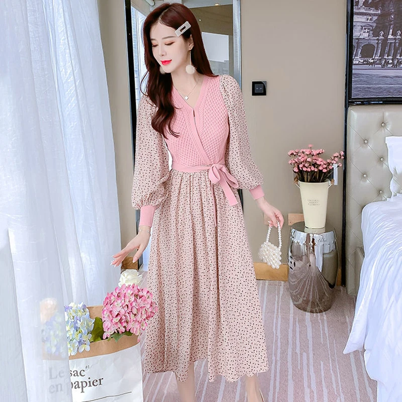 

Korean Fashion A-Line Floral Dress Women Elegant V-neck Knitted Patchwork Dresses Sweet Kawaii Puff Sleeve Mid Length Dress