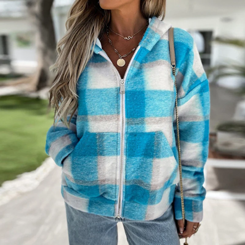 

2021 Autumn Women Fashion Outwear Sweatshirt Casual Plaid Plush Woolen Cloth Loose Hooded Winter Long Sleeve Zip-Up Jacket Coat