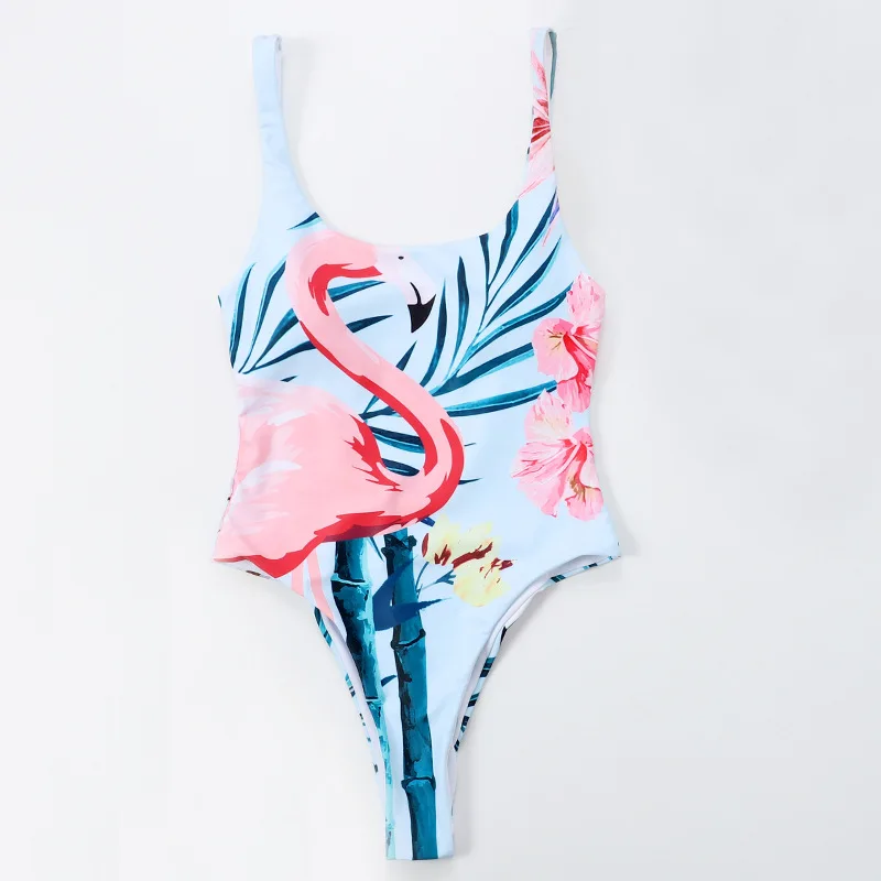 

Adora Women's One-piece Bikini Flamingo Print Leisure Beach Style Swimwears Women Sexy Deep Backless Bikinis Summer Beach