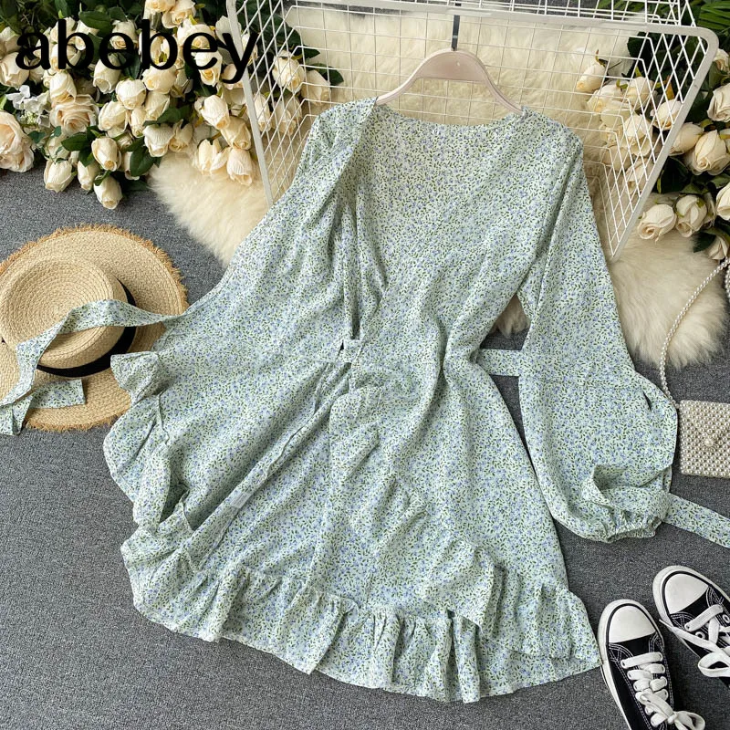

A-Line Elegant Autumn Solid Green Spring Retor Dresses Women Party High Waist Long Sleeve Runway 2021 Boho Vintage Dress