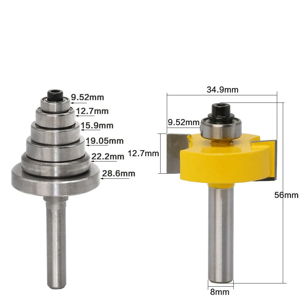 

1PC 8MM 1/4" 6.35MM 1/2" 12.7MM Shank Milling Cutter Wood Carving With 6 Bearings Set -1/2"H Woodworking Tenon Rabbet Router Bit