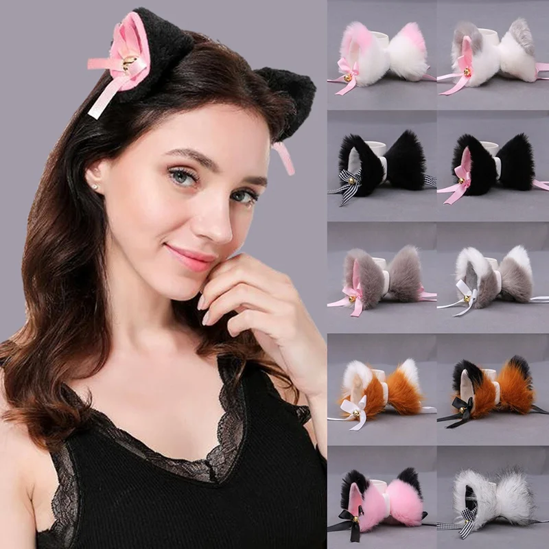 30Color Cat Ears Lolita Hair Clips Japanese Cosplay Anime Cute Furry costume Hairpin with Bowknot Bell Costume Snap Barrette Lug