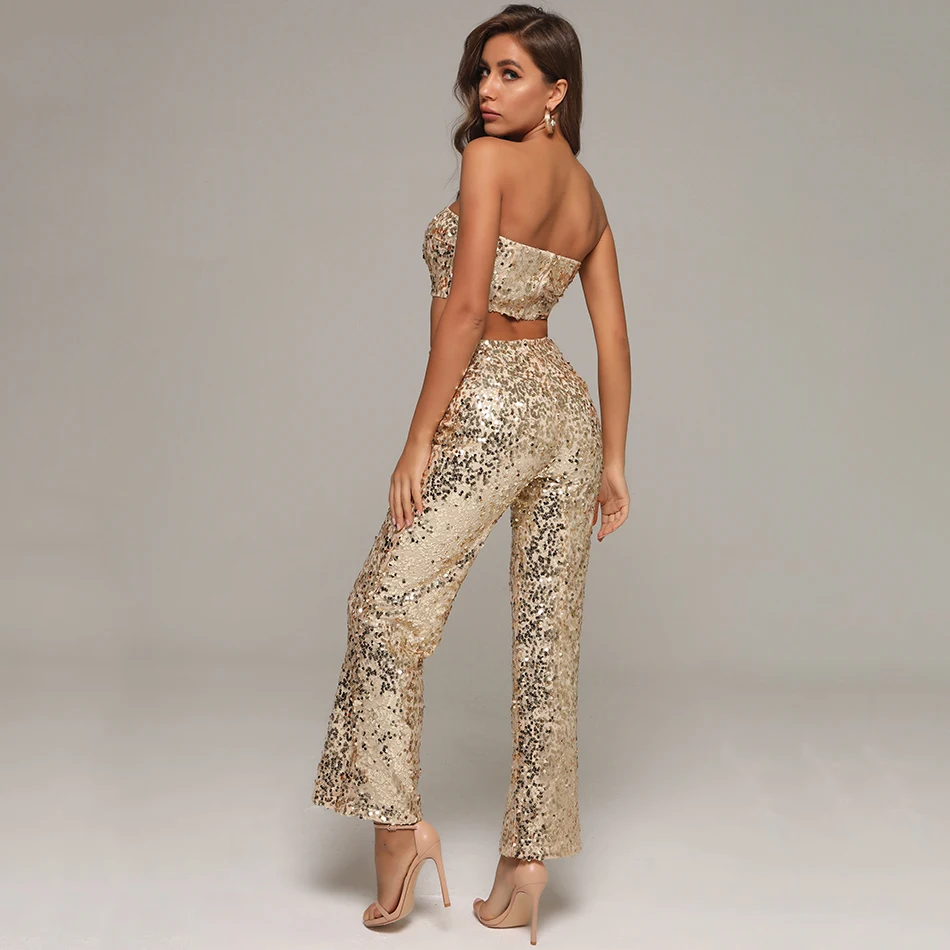 

Sparkling Gold Sequin Suit Sexy Wrapped Chest Short Top + Trousers Celebrity Party 2 Two-Piece Suit 2020 Autumn New Clothing