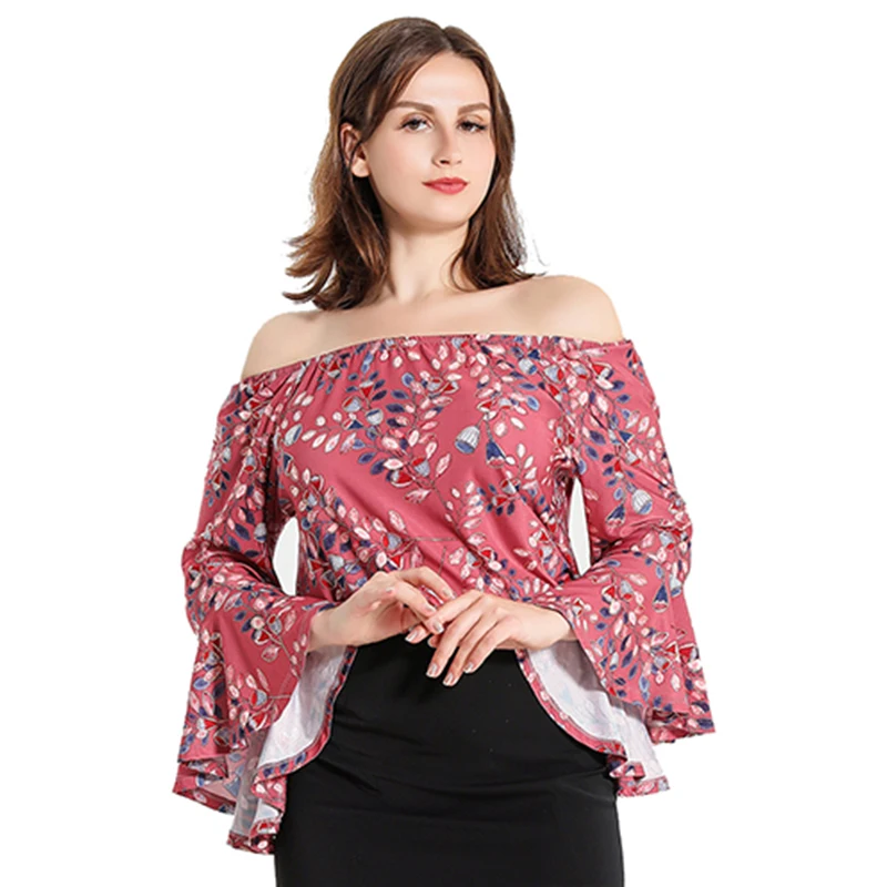 

Women's Sexy Off the Shoulder Tops Boho Floral Print Flare Sleeve Blouses Elastic Neckline Casual T Shirt
