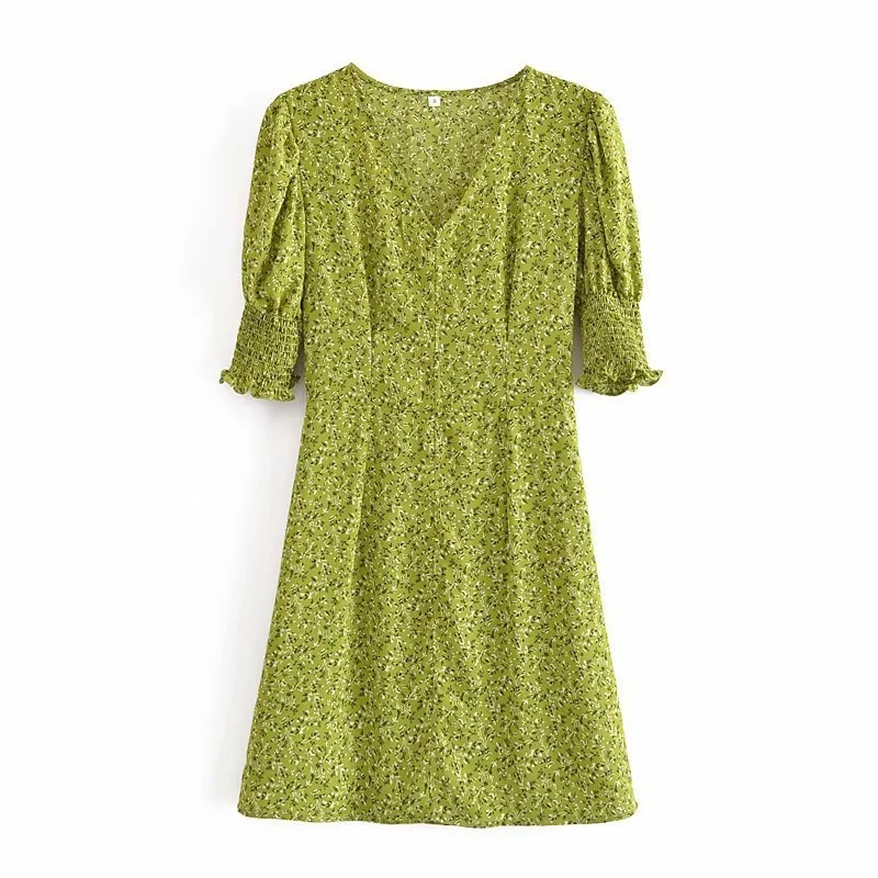 

Женское платье с цветочным принтом, V-образным вырезом и рукавами-фонариками