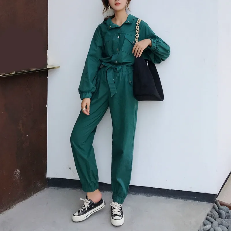 Green Jumpsuit Women RICININA, женский комбинезон размера плюс, длинный рукав, с отворотом, на кнопках, с карманами, комбинезоны, женские осенние повседневные Комбинезоны, женские комбинезоны - Цвет: Green Jumpsuit Women