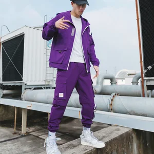 Мужские модные комплекты, свободная удобная повседневная куртка + брюки-карго с несколькими карманами, комплект из 2 предметов, Модные фиолетовые спортивные комплекты