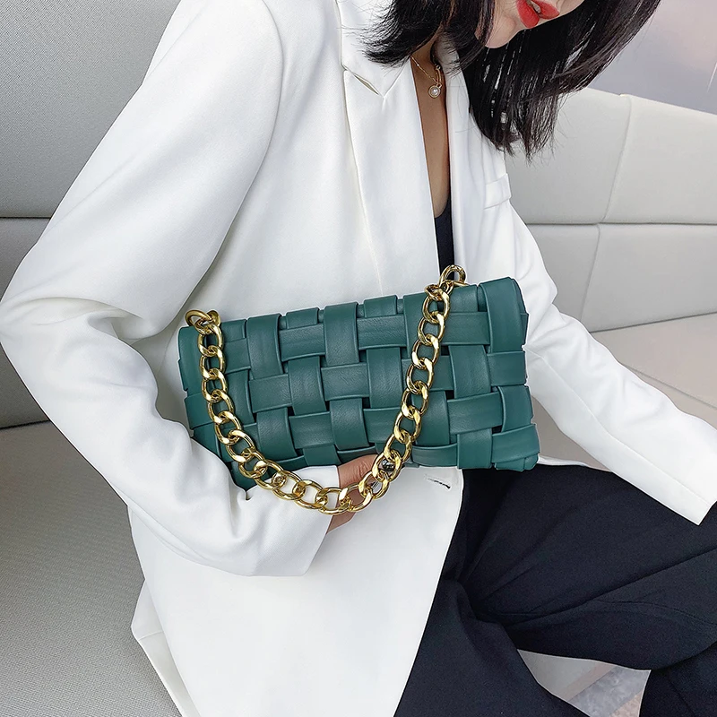 

Weave Design PU Leather Crossbody Bags For Women 2020 Luxury Solid Color Shoulder Handbags Chain Cross Body Bag Baguette Bag
