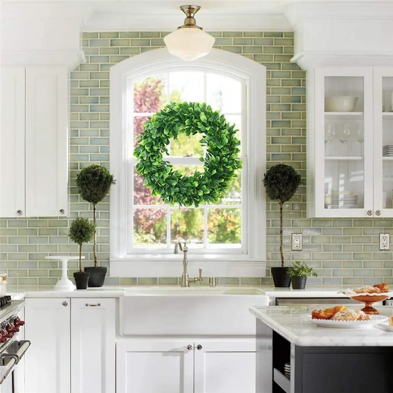 

Saim Front Door Wreath Green Leaves Decoration Window Party Decor Green Wreath Wall Decoration Artificial Wreath Green Leaf