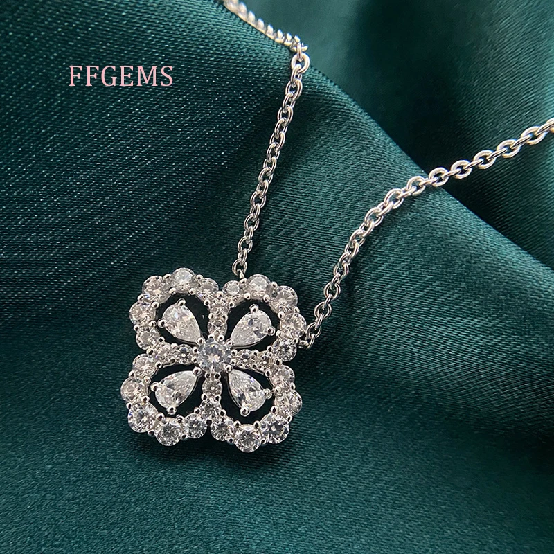 

FFGems luckly four leaf clover Sterling Silver 925 necklace pendant Created moissanite gemstone For Women Gift Fine Jewelry box