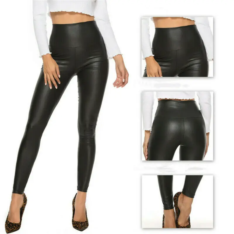 

UK Women Skinny Faux Leather Stretchy Pants Leggings Pencil Tight Trousers