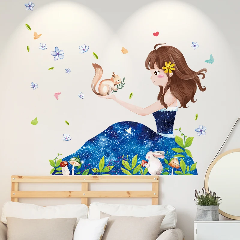 

Cartoon Starry Sky Girl Wall Stickers Princess Room Children Room Background Decoration Removable Kids Bedroom Poster Decal