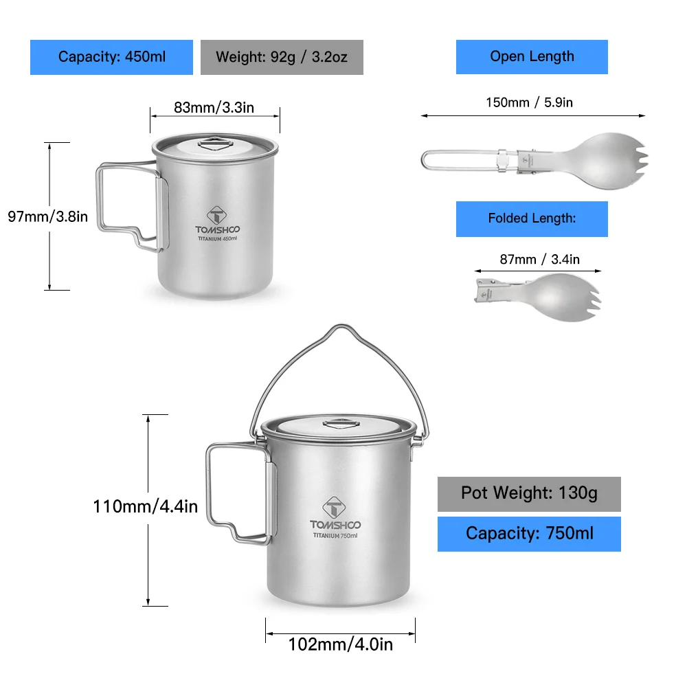 

TOMSHOO 3Pcs Titanium Pot Water Mug Cup Set Lightweight Mug Outdoor Camping Pot Picnic Hang Pot Cooking Pots with Folding Spork