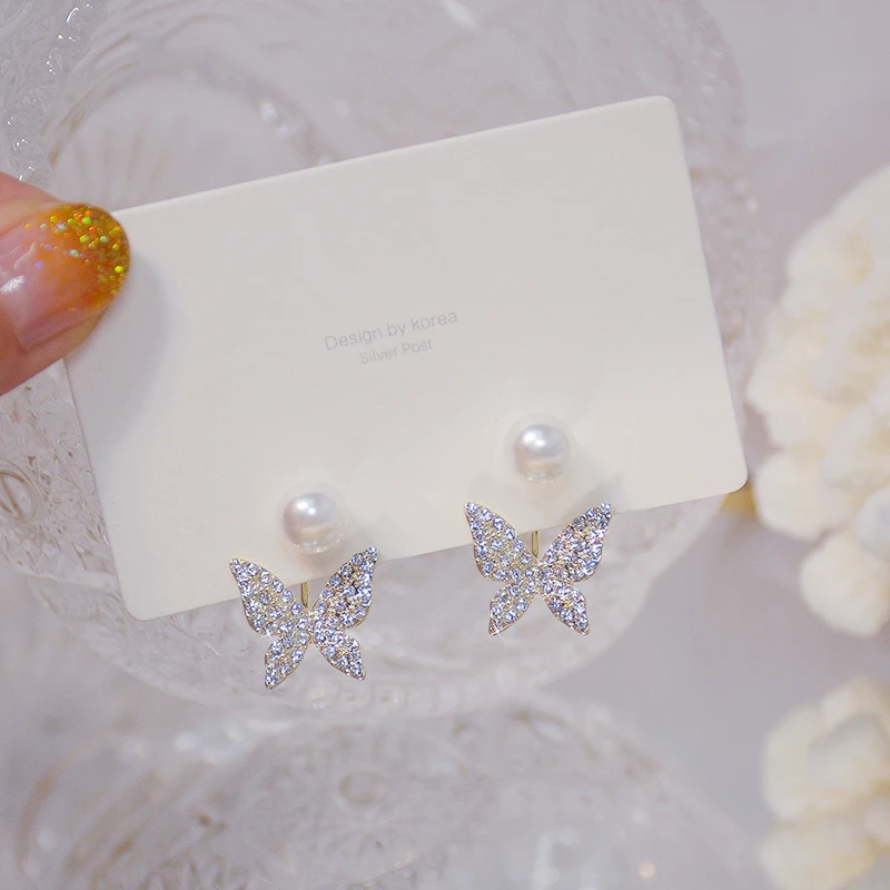 

Luxury 14K Real Gold Two Ways To Wear Pearl Butterfly Earrings for Women Jewelry Zirconia S925 Silver Needle Stud Wedding Party